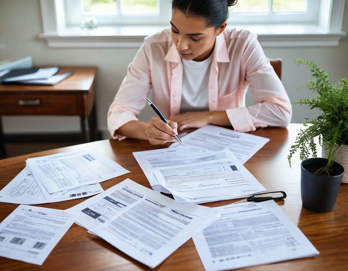 A person sitting at a desk surrounded by insurance documents and a laptop, looking thoughtfully at multiple insurance quotes, with a checklist and a magnifying glass in hand. Include diverse sheets of paper representing various insurance types like health, auto, and home in a neat arrangement. A calming background with soft tones to evoke a sense of careful consideration. super-realistic. vibrant colors. light and airy ambiance.